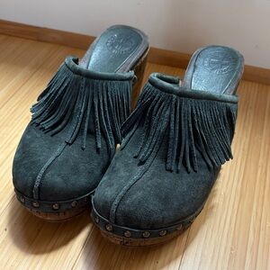 Suede Fringed Mules - Blue Grey